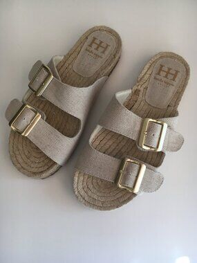 Haute Hippie Beige Sandals Slides 8 Tan Linen Look Espadrille Gold Buckle Boho